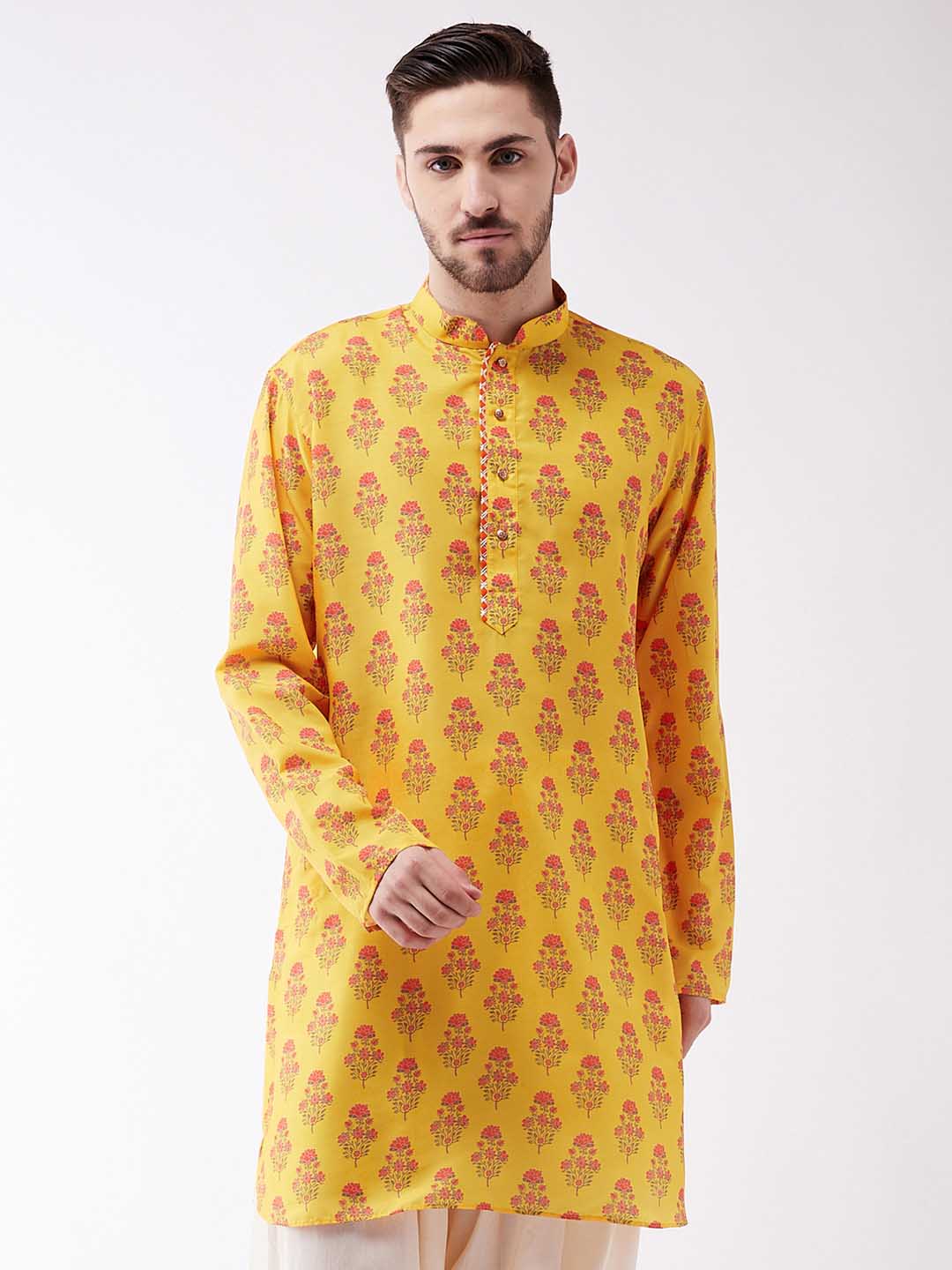 Men's Multicolor-Base-Mustard Muslin Cotton Kurta