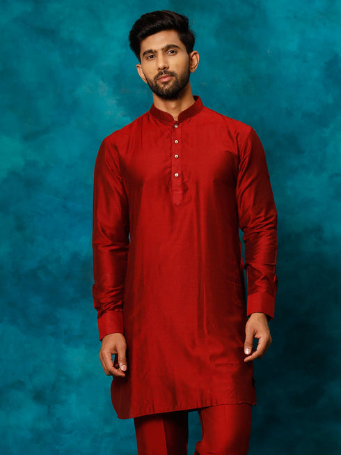 Men's Maroon Cotton Blend Curved Kurta