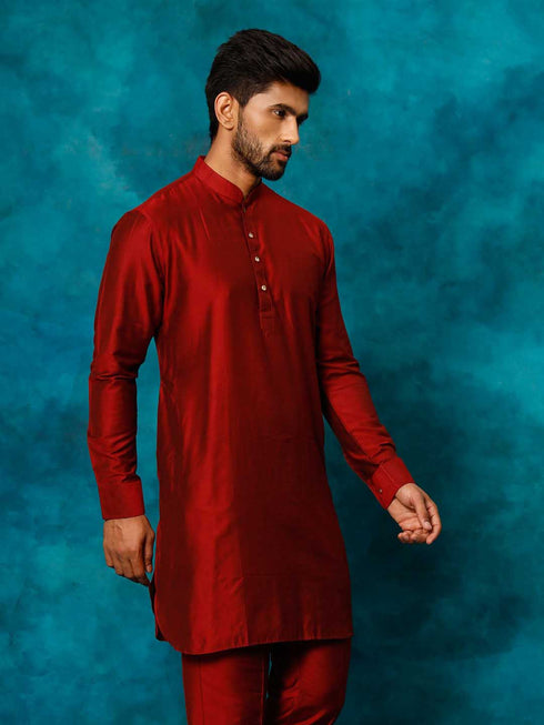 Men's Maroon Cotton Blend Curved Kurta