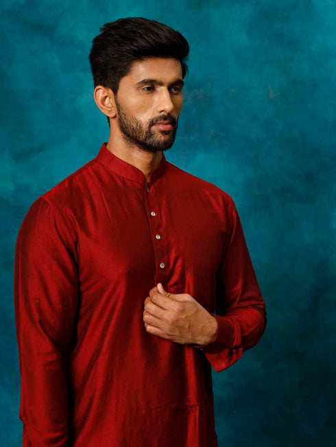 Men's Maroon Cotton Blend Curved Kurta
