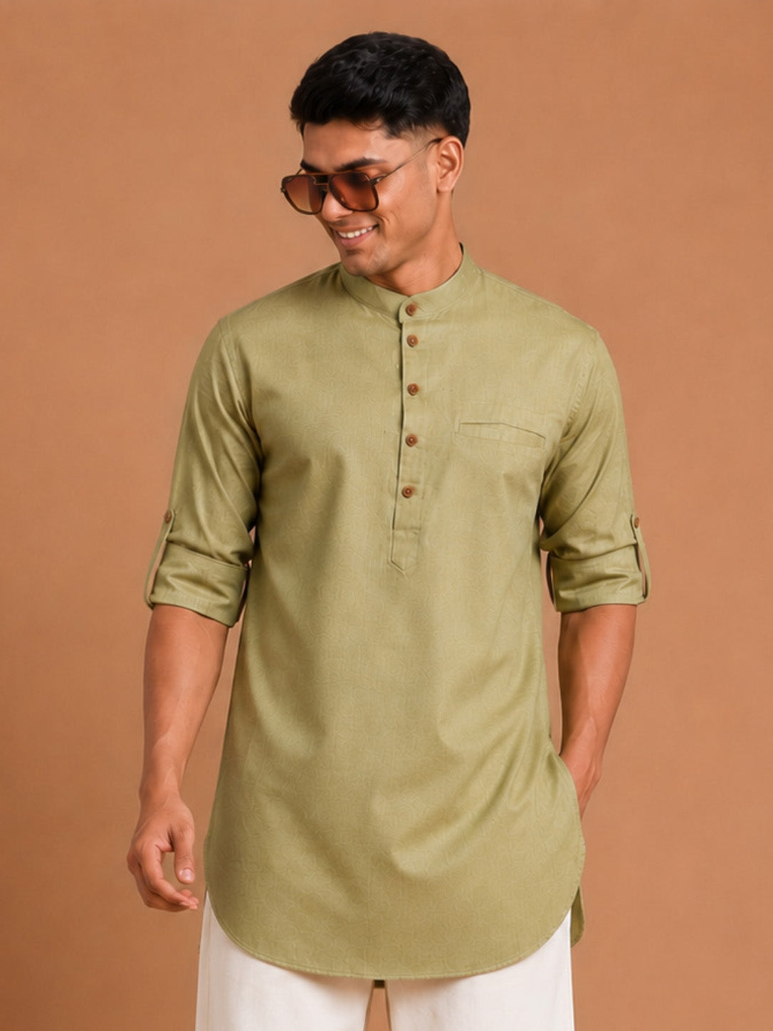 Men Olive Green Cotton Solid Straight Kurta - Mandarin Collar