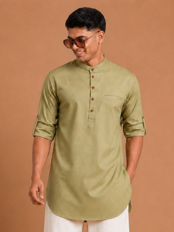 Men Olive Green Cotton Solid Straight Kurta - Mandarin Collar