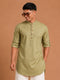 Men Olive Green Cotton Solid Straight Kurta - Mandarin Collar