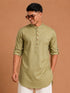 Men Olive Green Cotton Solid Straight Kurta - Mandarin Collar
