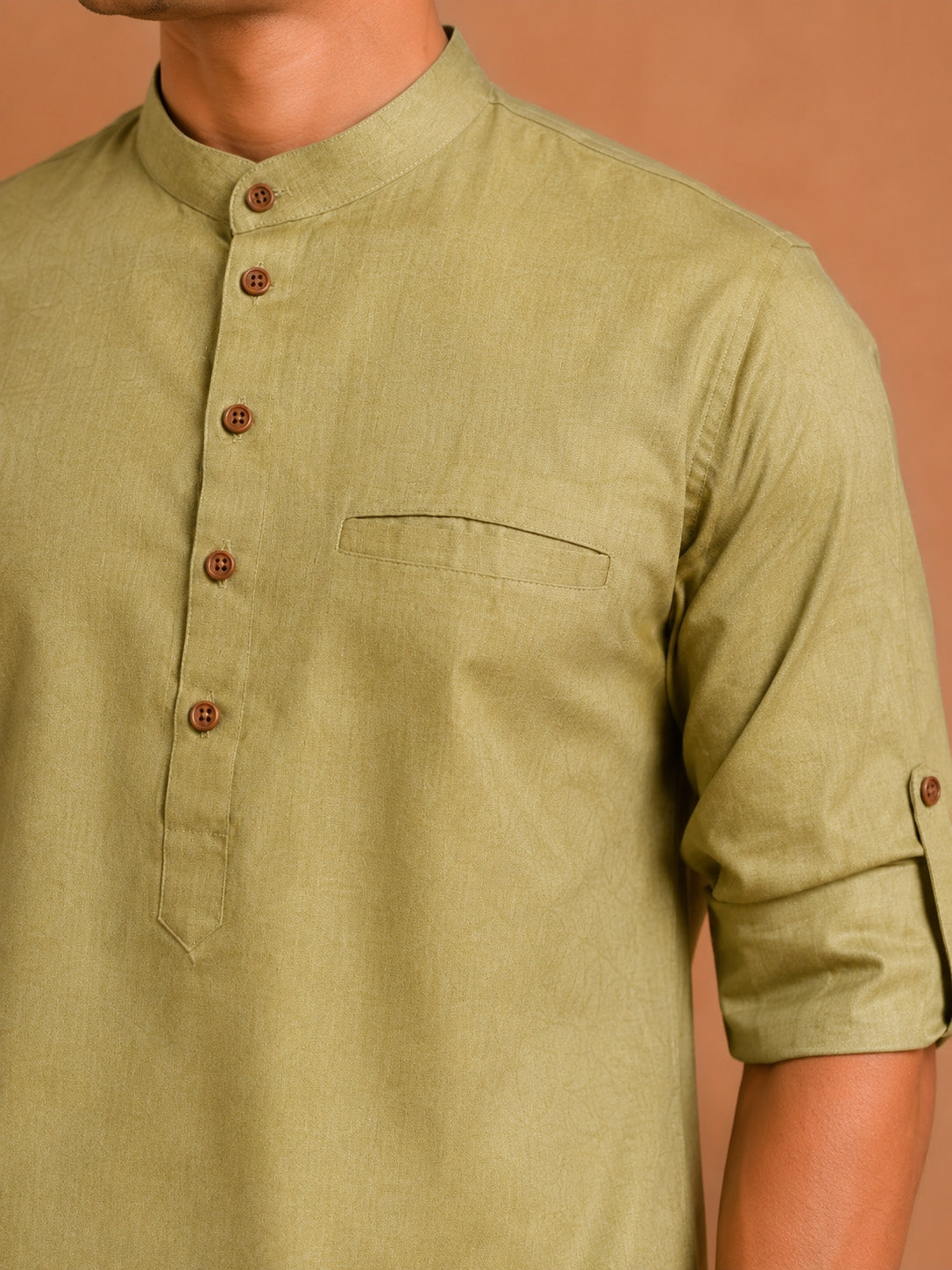 Men's Olive Cotton Solid Thigh Length Kurta