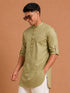 Men's Olive Cotton Solid Thigh Length Kurta