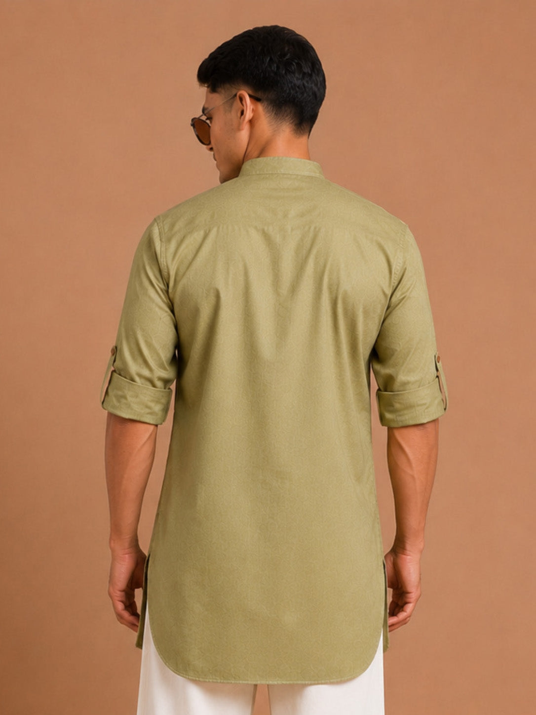 Men's Olive Cotton Solid Thigh Length Kurta