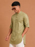 Men Olive Self Design Self-Design Thigh Length Shirt Style Kurta