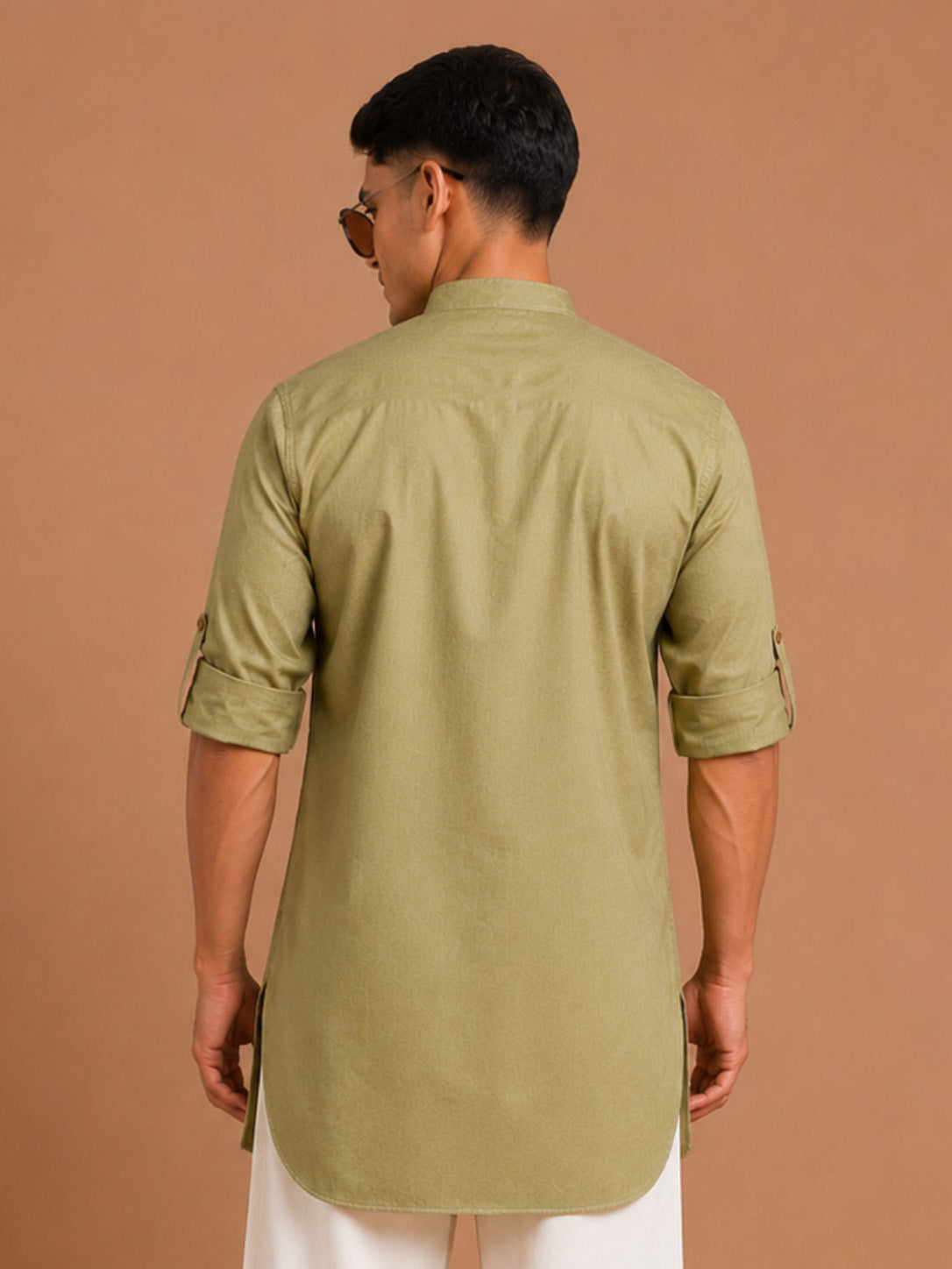 Men Olive Self Design Self-Design Thigh Length Shirt Style Kurta