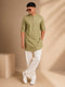 Men Olive Cotton Kurta Pant Set with White Wide-Leg Pant