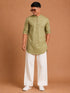 Men's Olive Cotton Solid Thigh Length Kurta Pant Set with Wide Leg Pant