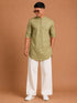 Men Olive Solid Plain Thigh Length Kurta Pant Set with Wide Leg Pant