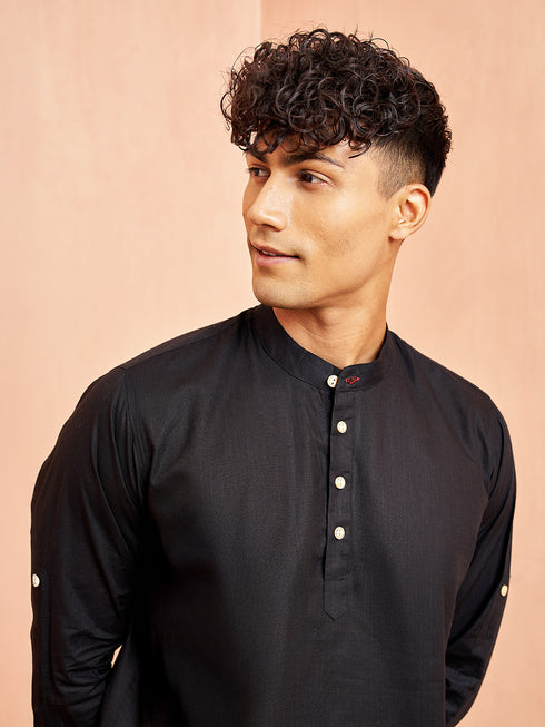 Men's Black Short Cotton Kurta