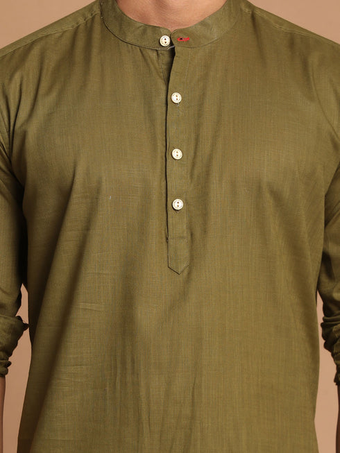 Men's Olive Green Short Cotton Kurta