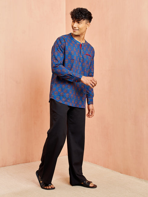 Men's Royal Blue Floral Print Kurta with Black Pant Set