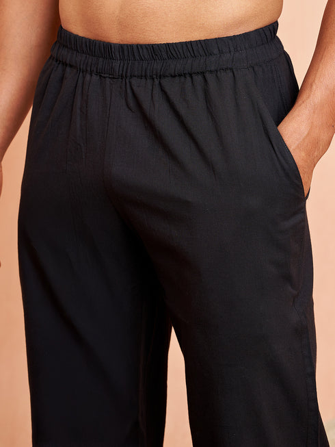 Men's Royal Blue Floral Print Kurta with Black Pant Set