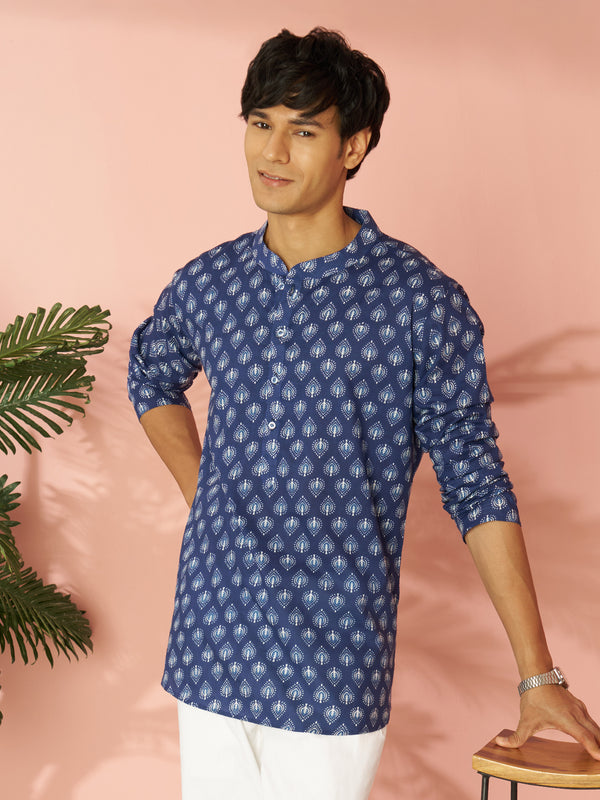 Men's Blue Indigo Ethnic Motif Print Cotton Short Kurta with Stand Collar