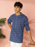 Men's Blue Indigo Ethnic Motif Print Cotton Short Kurta with Stand Collar