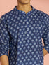 Men's Blue Indigo Ethnic Motif Print Cotton Short Kurta with Stand Collar