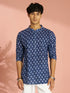 Men's Blue Indigo Ethnic Motif Print Cotton Short Kurta with Stand Collar