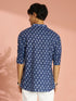 Men's Blue Indigo Ethnic Motif Print Cotton Short Kurta with Stand Collar