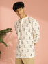 Men's Cream Abstract Block Print Cotton Short Kurta