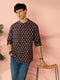 Men's Black Floral Print Cotton Short Kurta