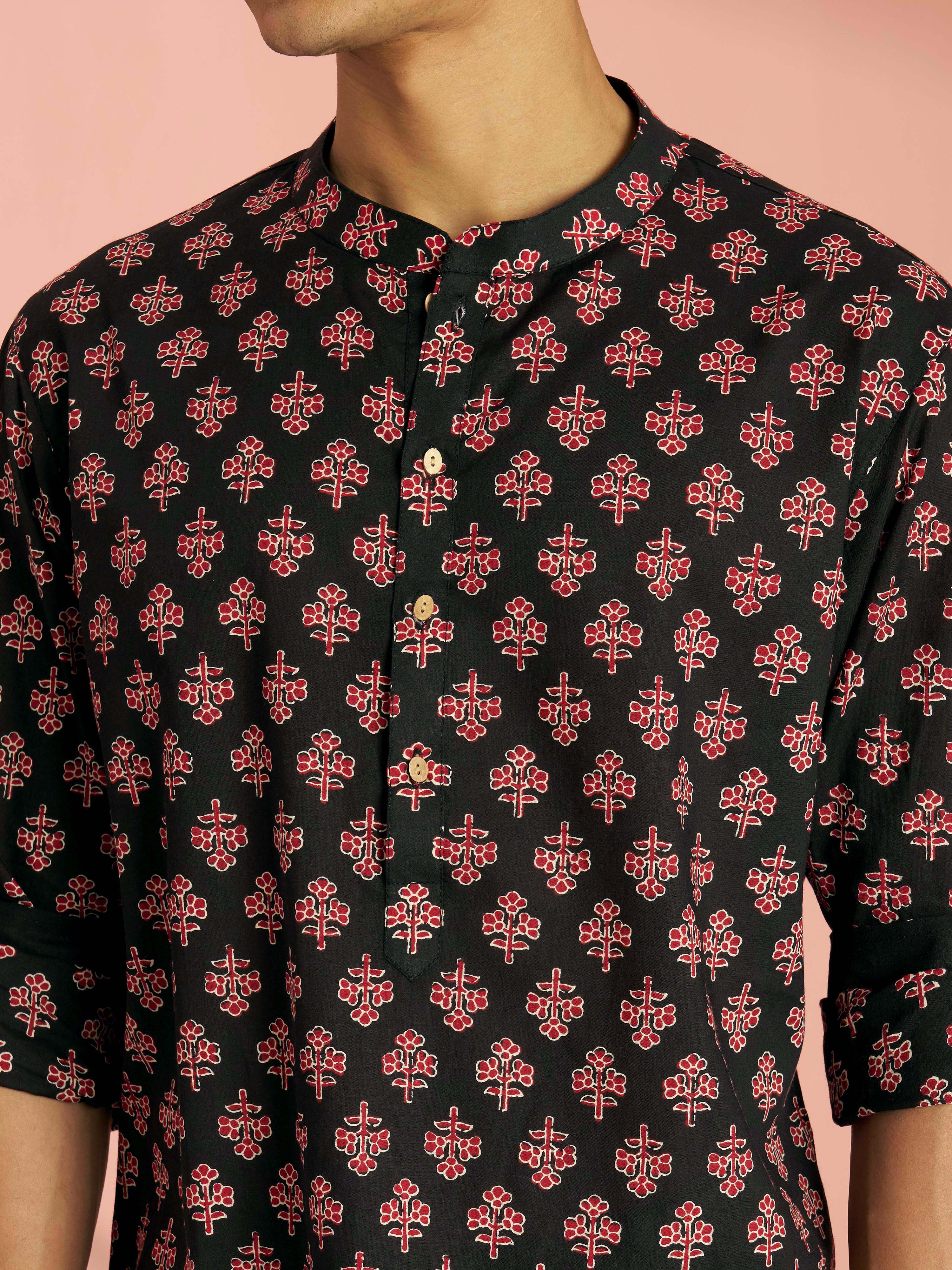 Men's Black Floral Print Cotton Short Kurta