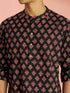 Men's Black Floral Print Cotton Short Kurta