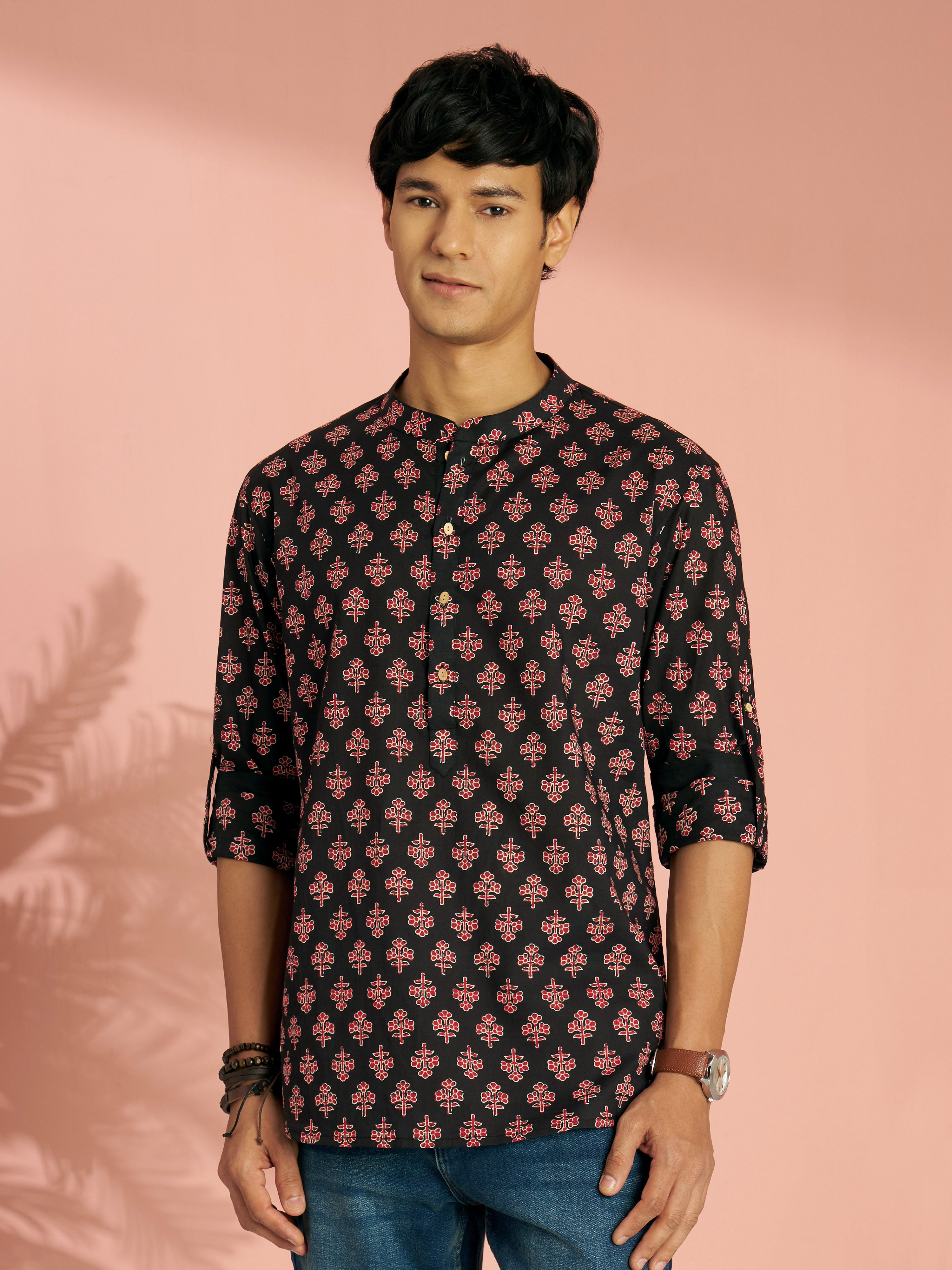 Men's Black Floral Print Cotton Short Kurta