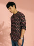 Men's Black Floral Print Cotton Short Kurta