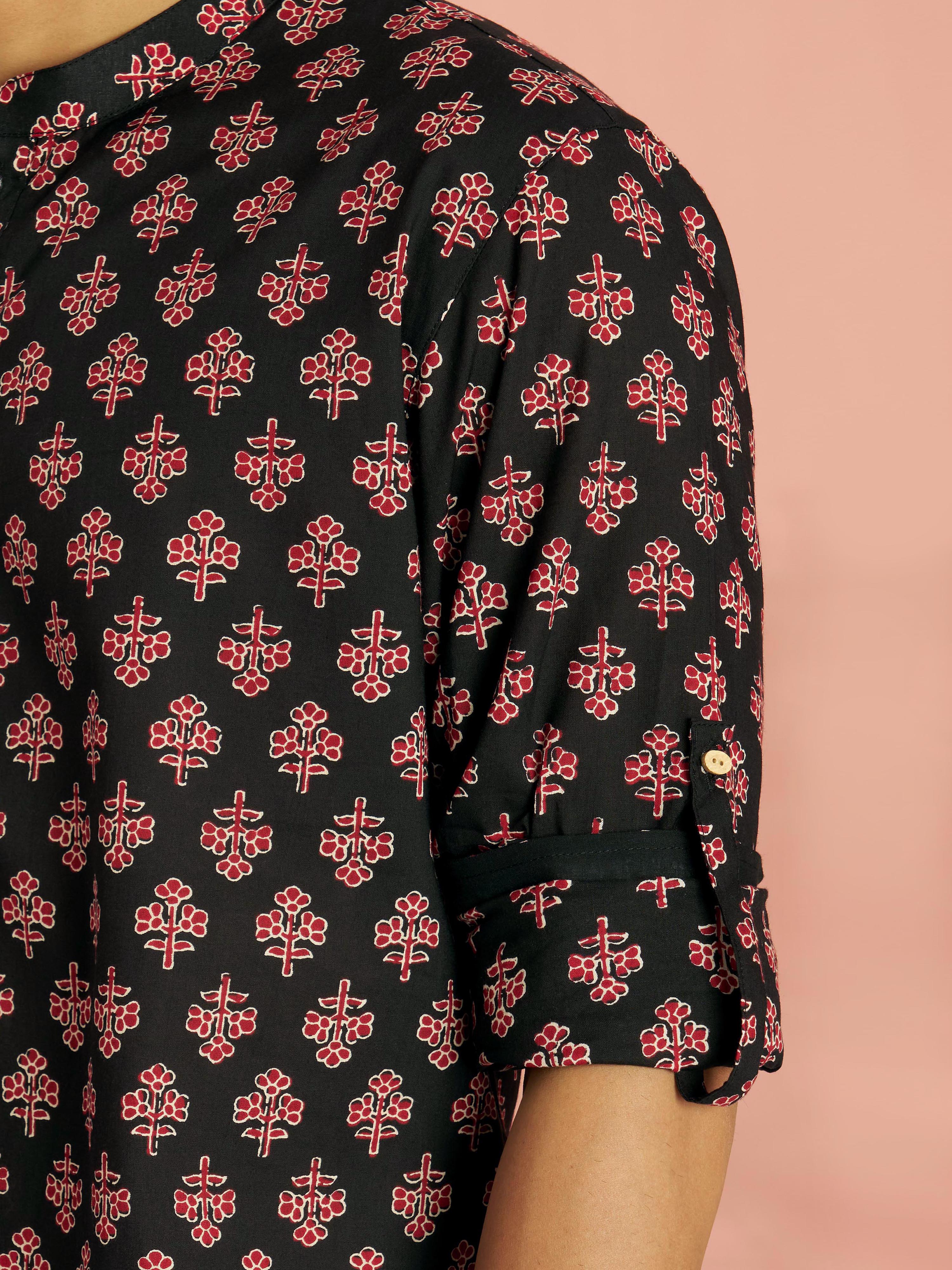 Men's Black Floral Print Cotton Short Kurta