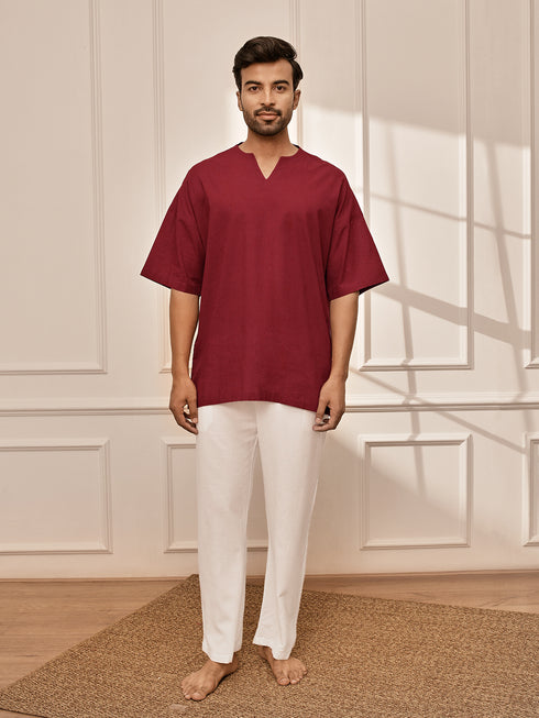 Men's Maroon & White Premium Yoga Kurta Palazzo Set