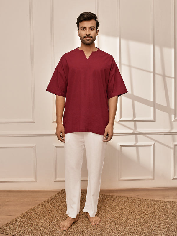 Men's Maroon & White Premium Yoga Kurta Palazzo Set