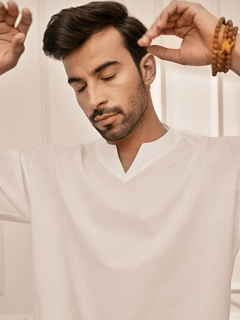 Men's Pure White Premium Cotton Yoga Kurta Palazzo Set