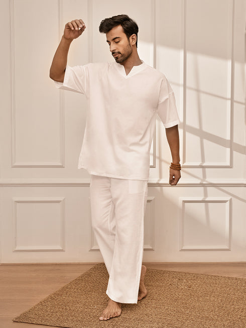 Men's Pure White Premium Cotton Yoga Kurta Palazzo Set