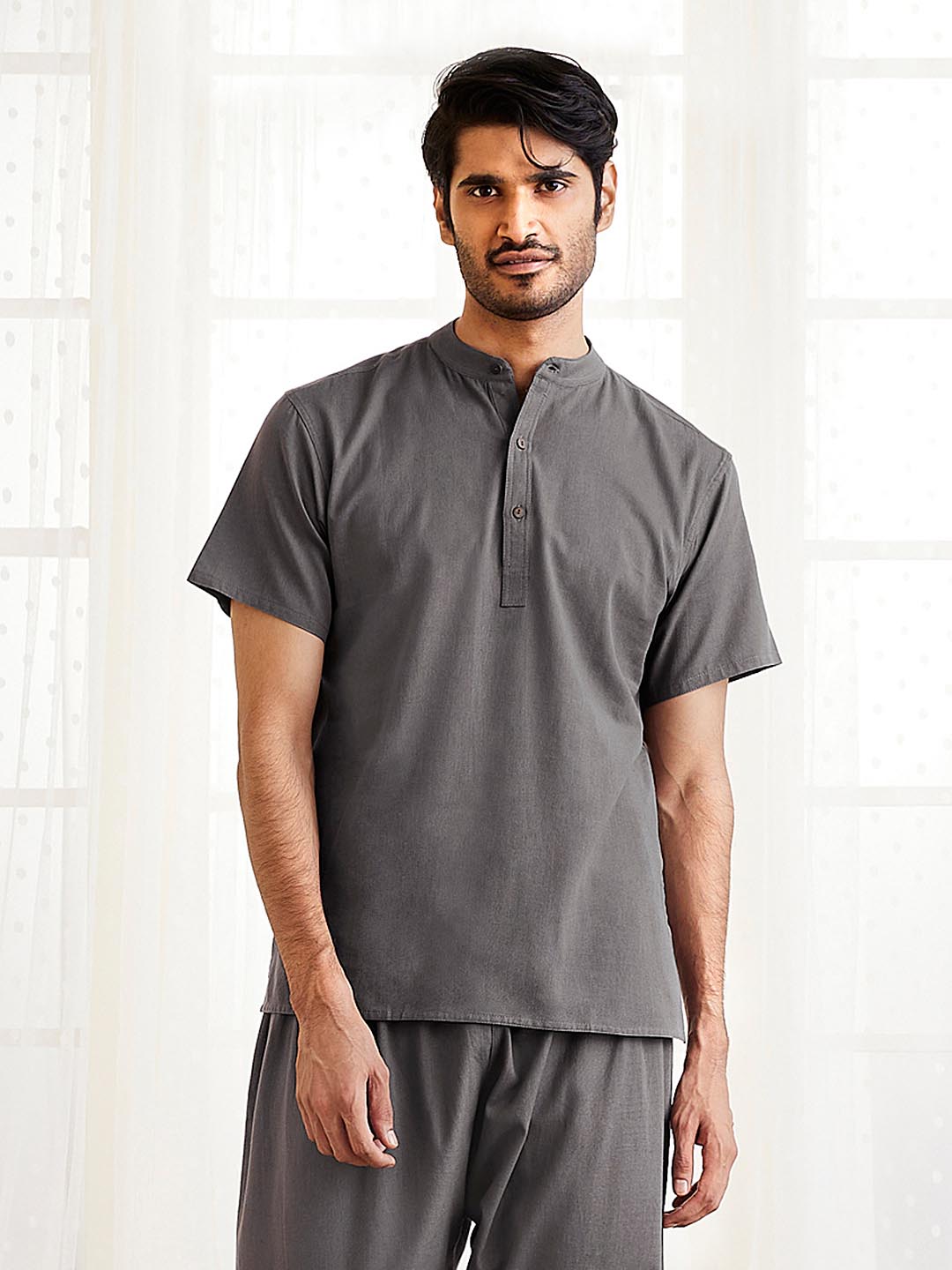 Men's Grey Cotton Short Kurta