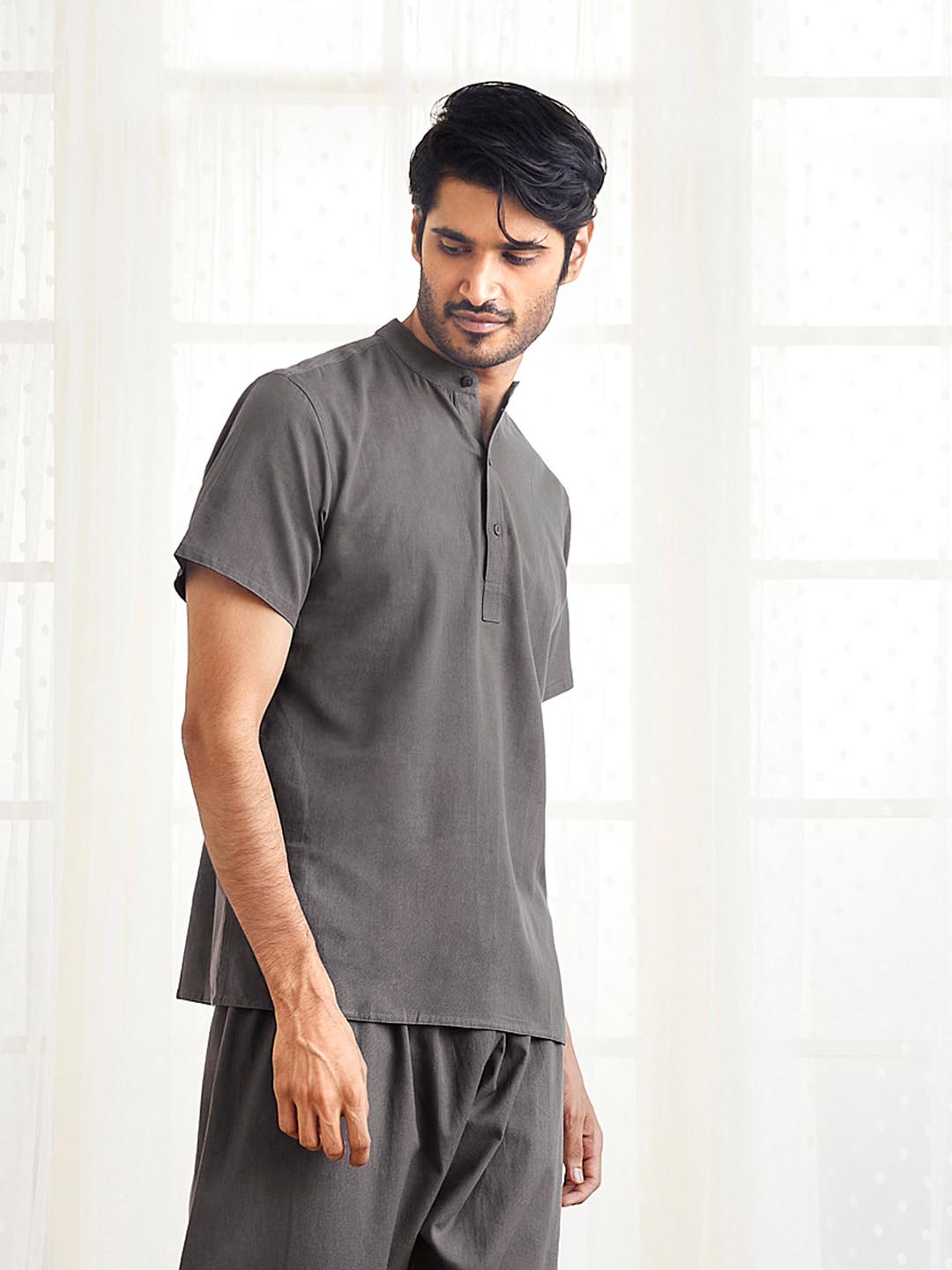 Men's Grey Cotton Short Kurta