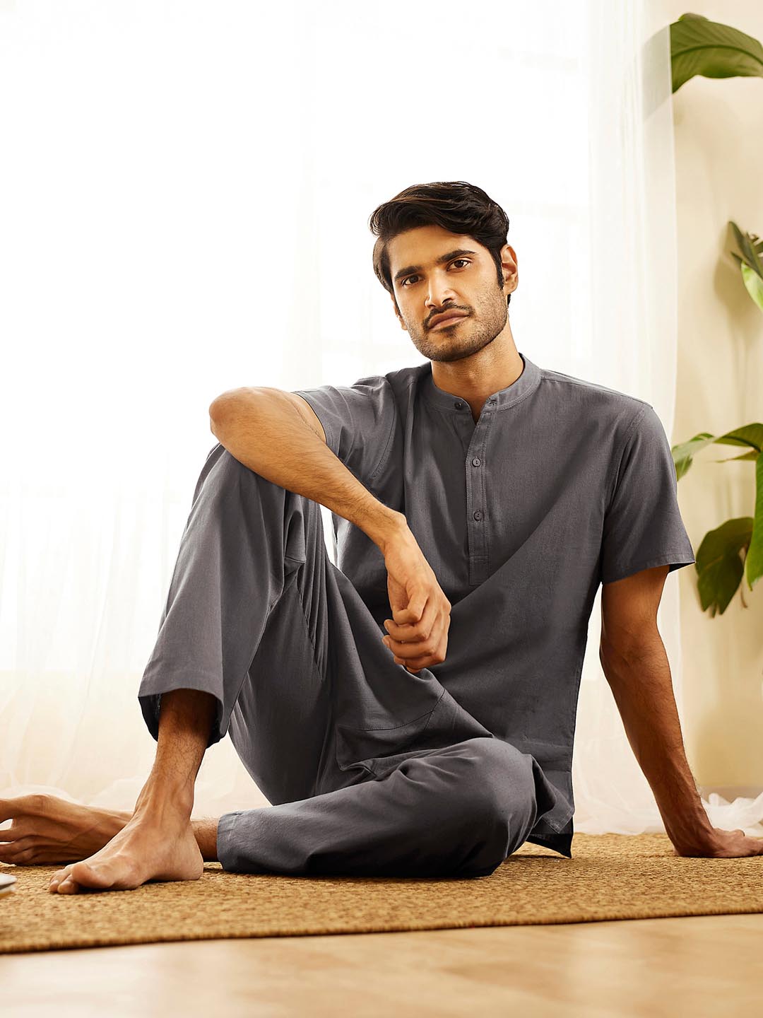 Men's Grey Cotton Short Kurta