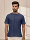 Men Navy Blue Cambric Cotton Yoga Kurta With Om Embroidery