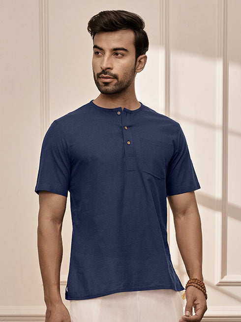 Men Navy Blue Cambric Cotton Yoga Kurta With Om Embroidery