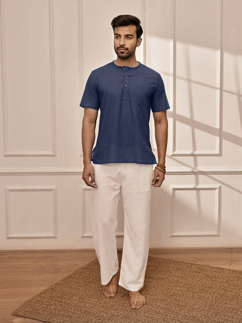 Men's Navy Blue Om Embroidered Yoga Kurta With White Palazzo Set