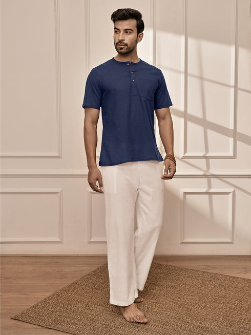 Men's Navy Blue Om Embroidered Yoga Kurta With White Palazzo Set