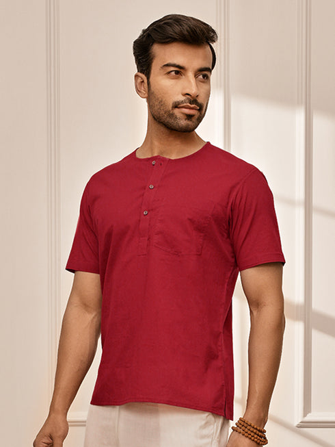 Men Red Cambric Cotton Yoga Kurta With Om Embroidery