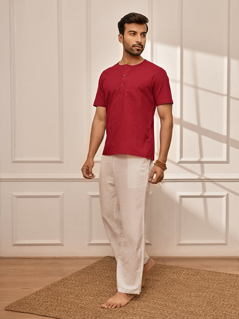 Men's Red Om Embroidered Yoga Kurta With White Palazzo Set