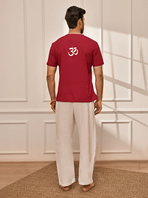 Men's Red Om Embroidered Yoga Kurta With White Palazzo Set