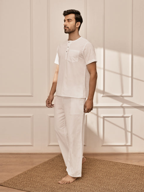 Men's White Om Embroidered Premium Yoga Kurta Palazzo Set