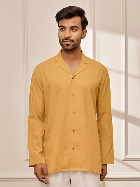 Men Mustard Cambric Cotton Full Sleeve Yoga Kurta