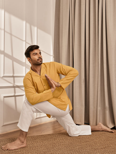 Men Mustard Cambric Cotton Full Sleeve Yoga Kurta