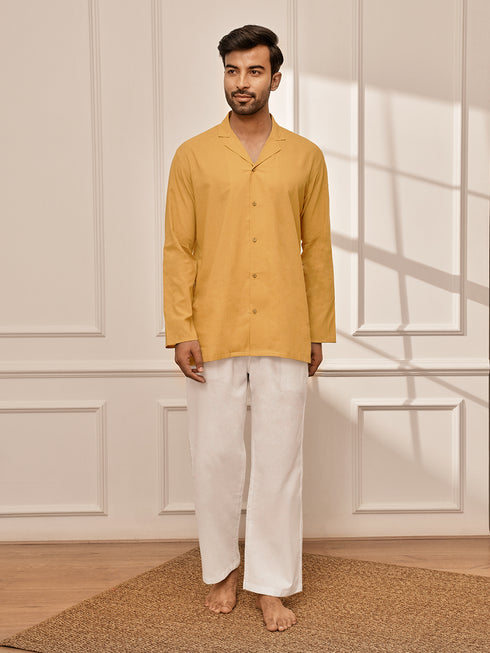 Men's Mustard Premium Cotton Kurta With White Palazzo Set
